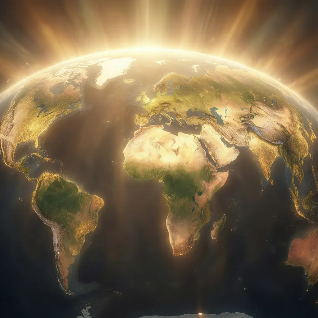 Soft glowing light spreading across multiple continents symbolizing salvation reaching nations