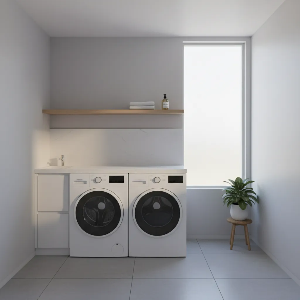 Laundry room with light gray walls reflecting natural light
