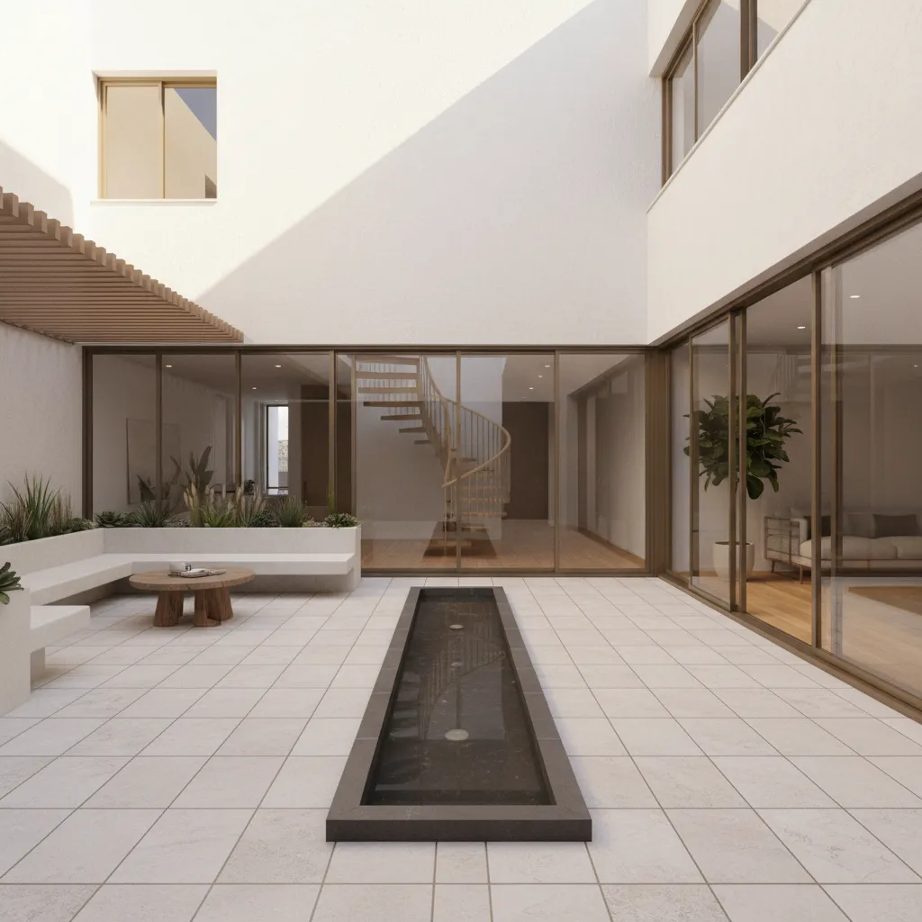 Materiales claros que reflejan la luz en patios interiores