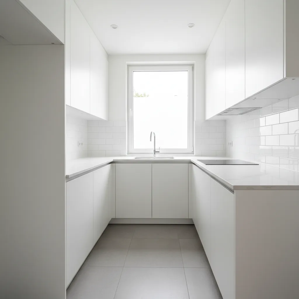 Bright small kitchen with reflective surfaces and light color palette