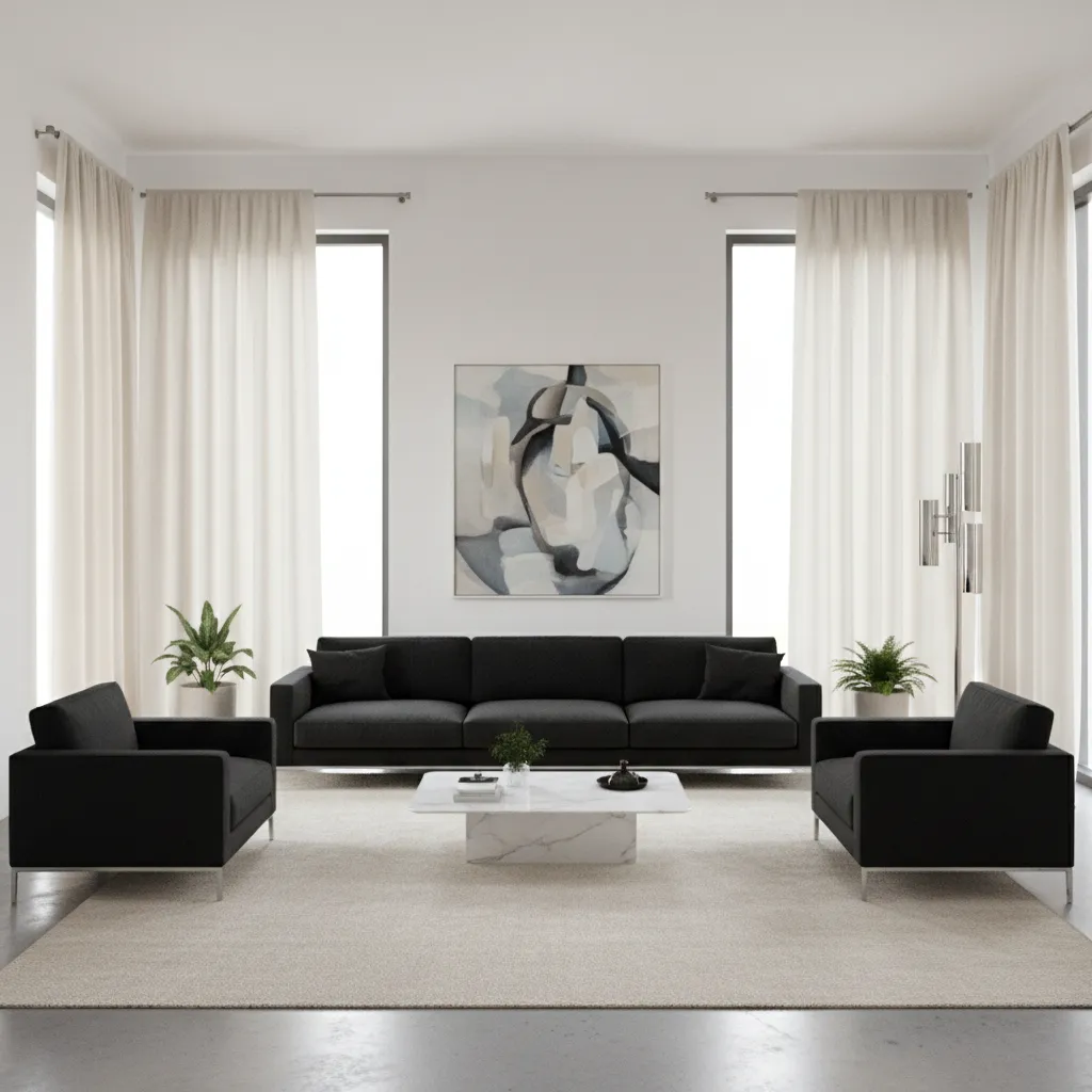 Black sofa paired with large cream rug and light curtains brightening the living room