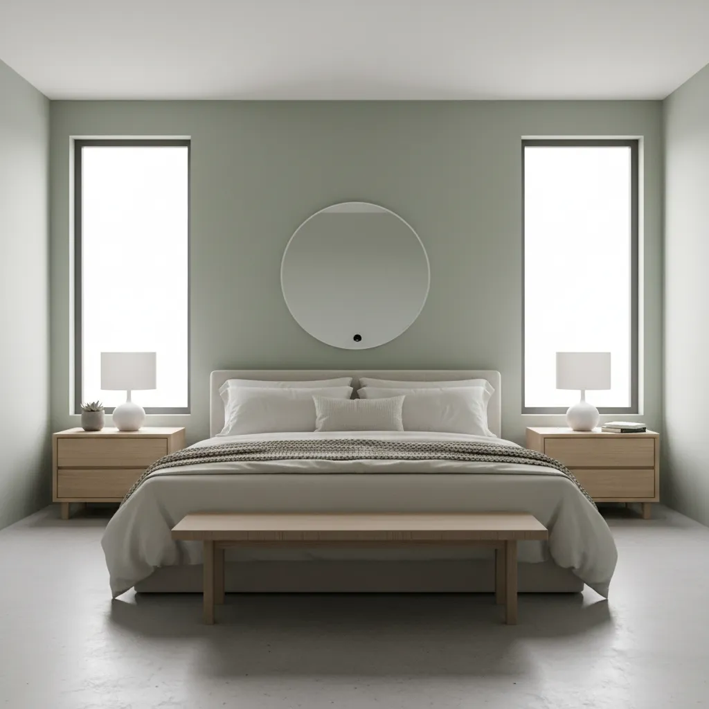 Calming bedroom with light sage green walls and minimalist decor