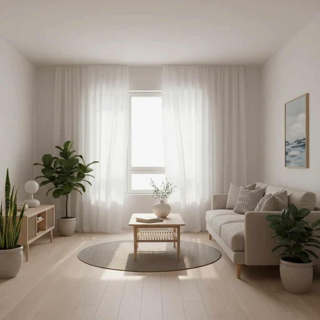 Bright living room with light sheer curtains diffusing natural daylight