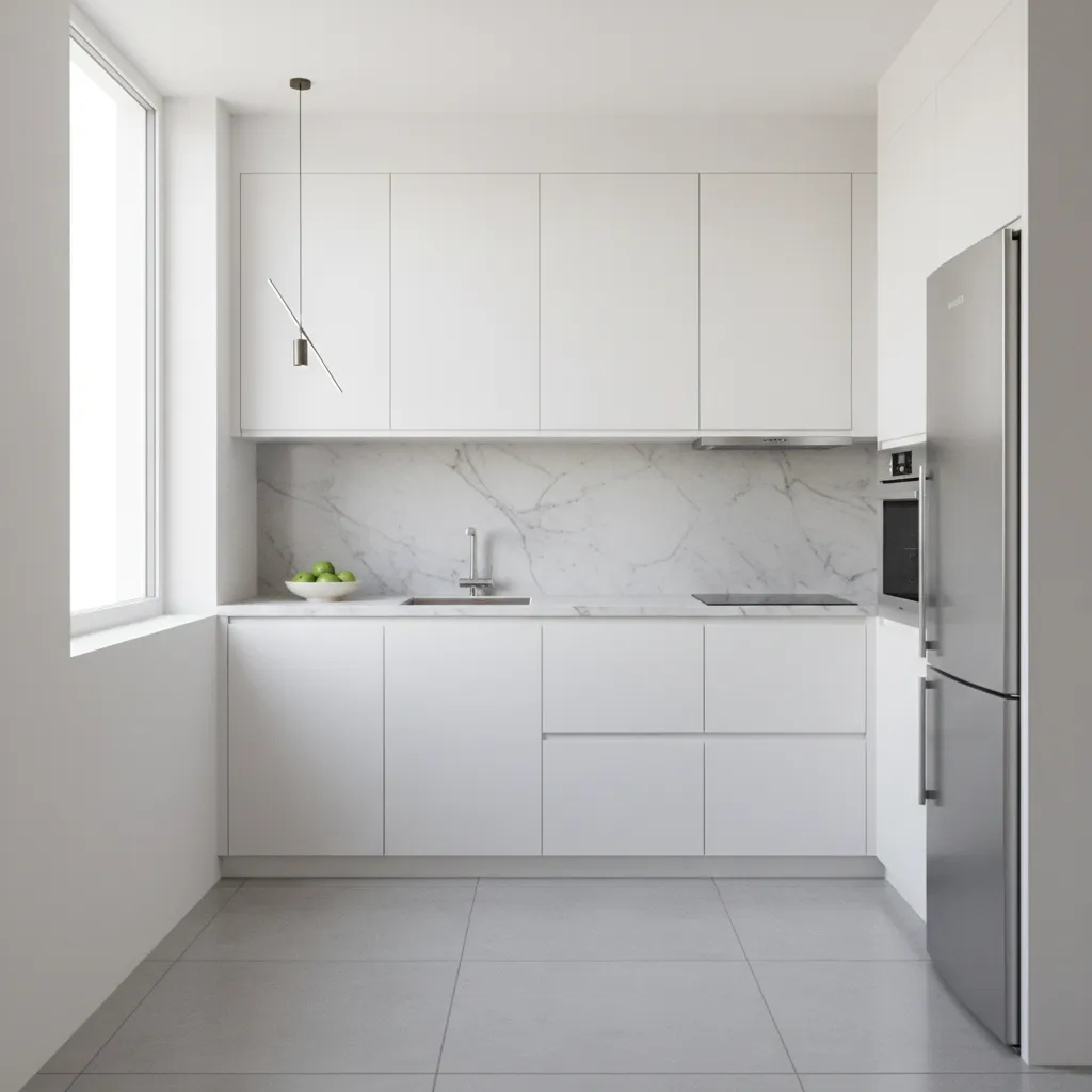 Small bright kitchen with light marble stone backsplash and white cabinets