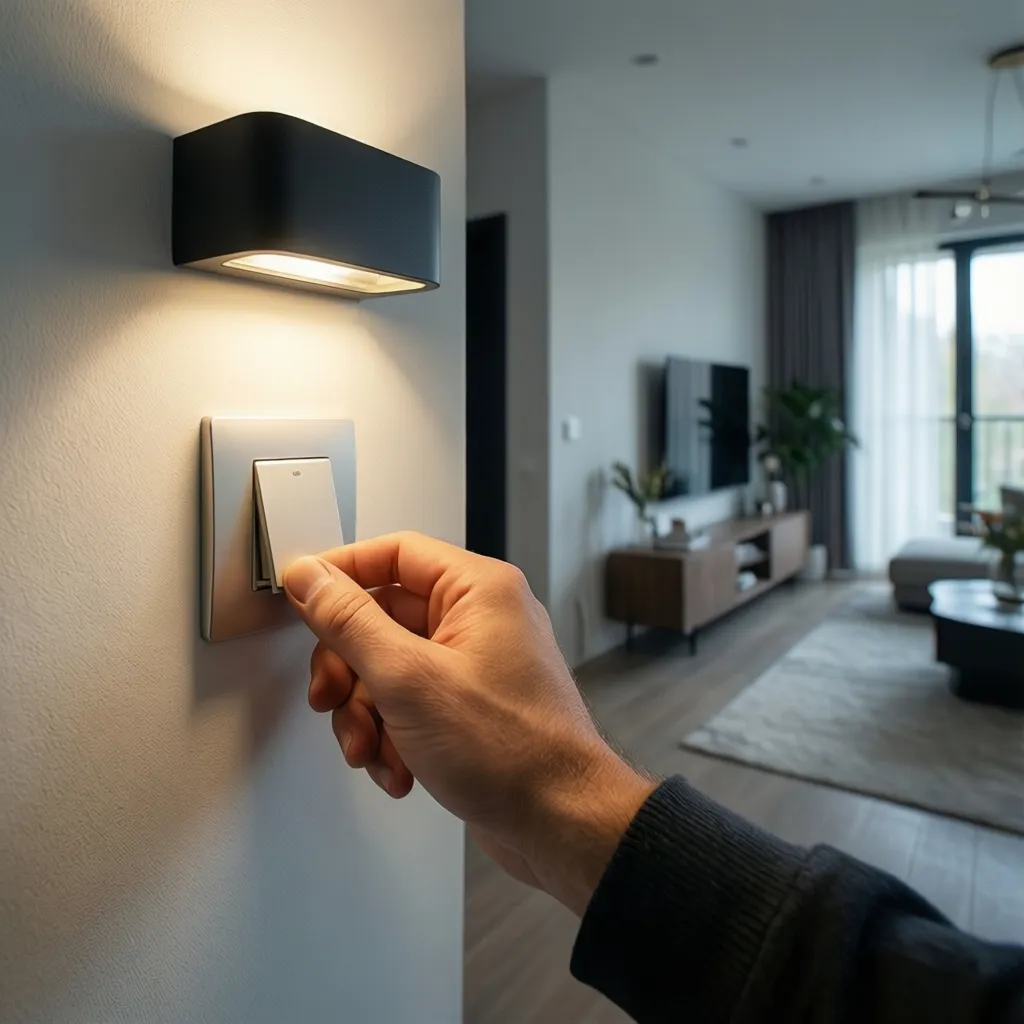 Close-up of hand checking wall light switch in modern home