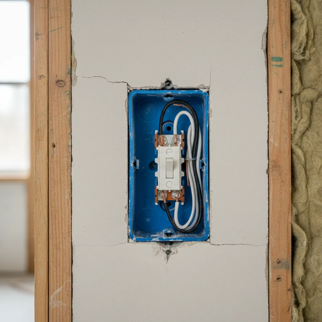 Open wall switch box showing electrical wiring and switch connections