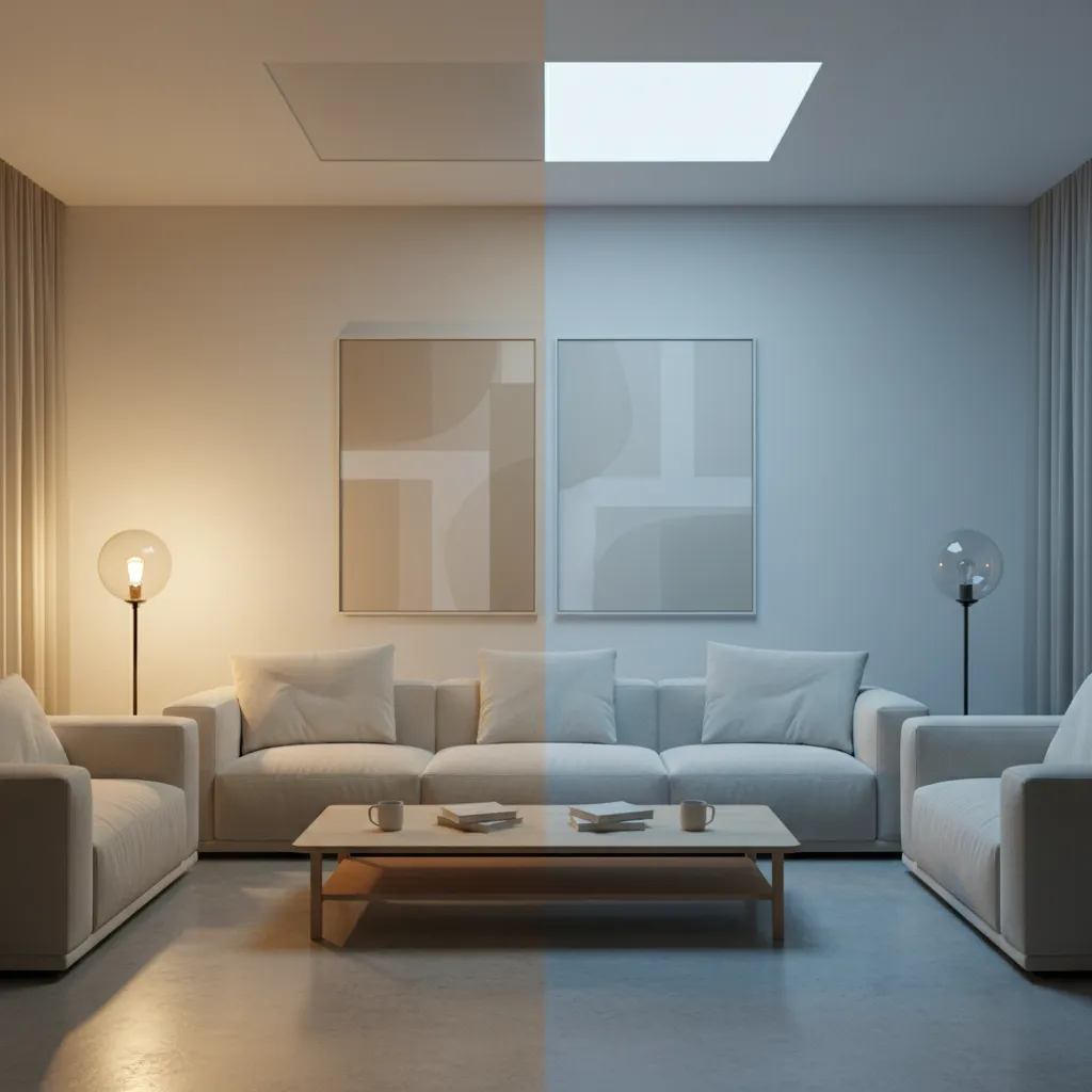 Comparación visual de temperatura de color cálida y fría en una sala