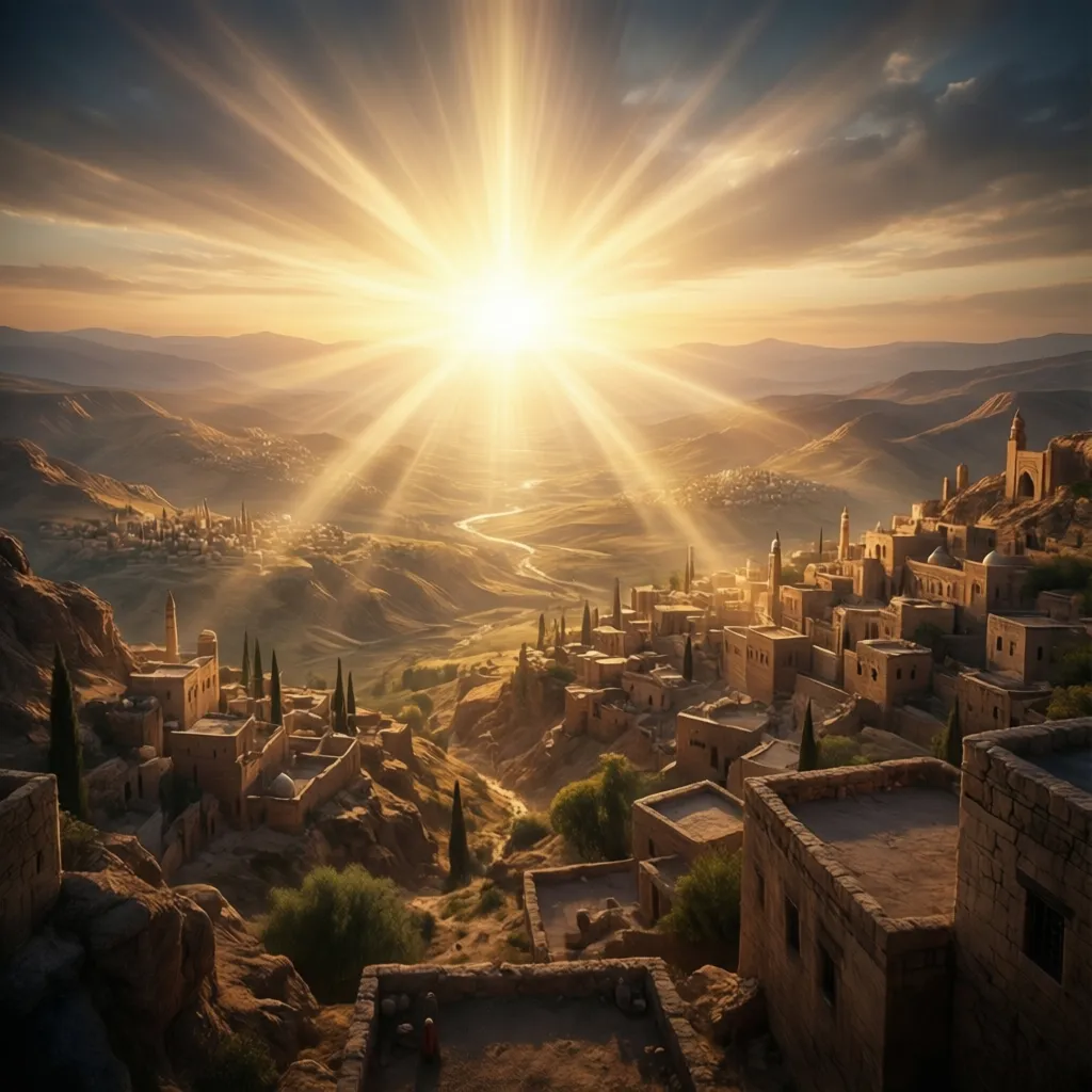 Symbolic light spreading from a central source across distant lands representing light to the nations imagery