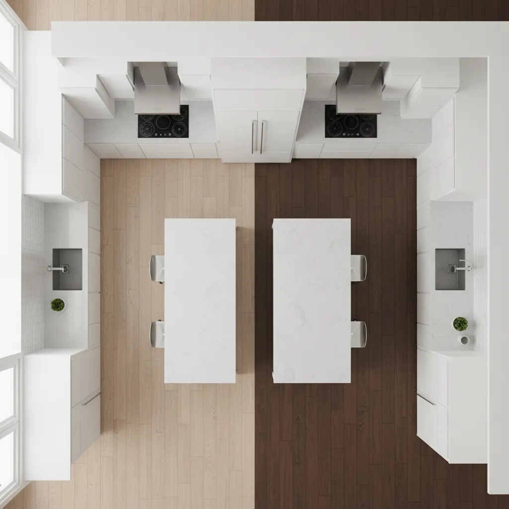 Comparison of light and dark flooring with white kitchen cabinets