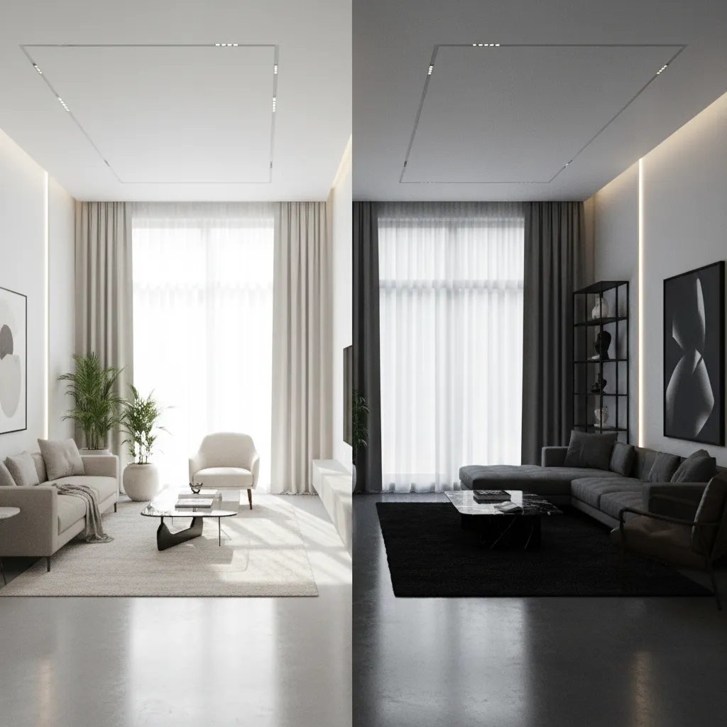Side by side comparison of light grey and dark grey living room floors with white walls