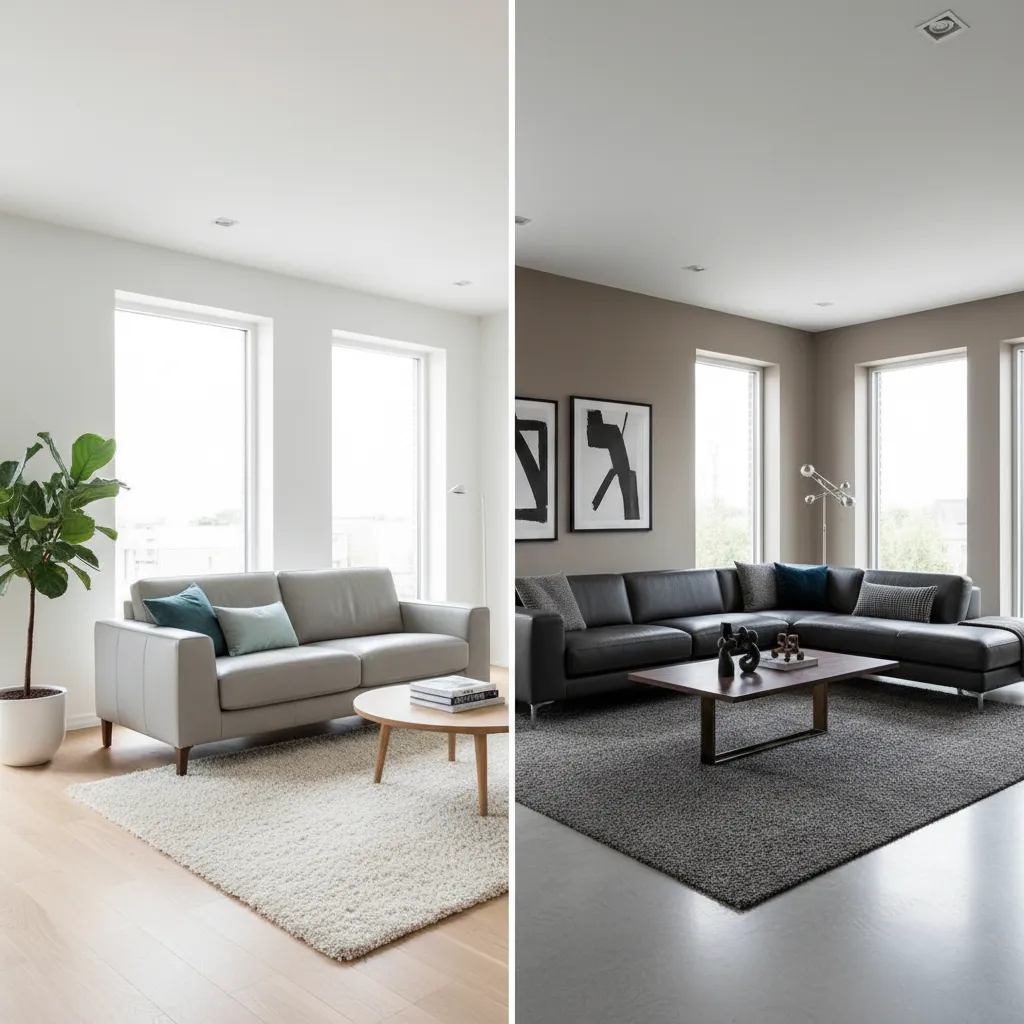 Comparison of light grey and dark grey leather sofas in modern living rooms