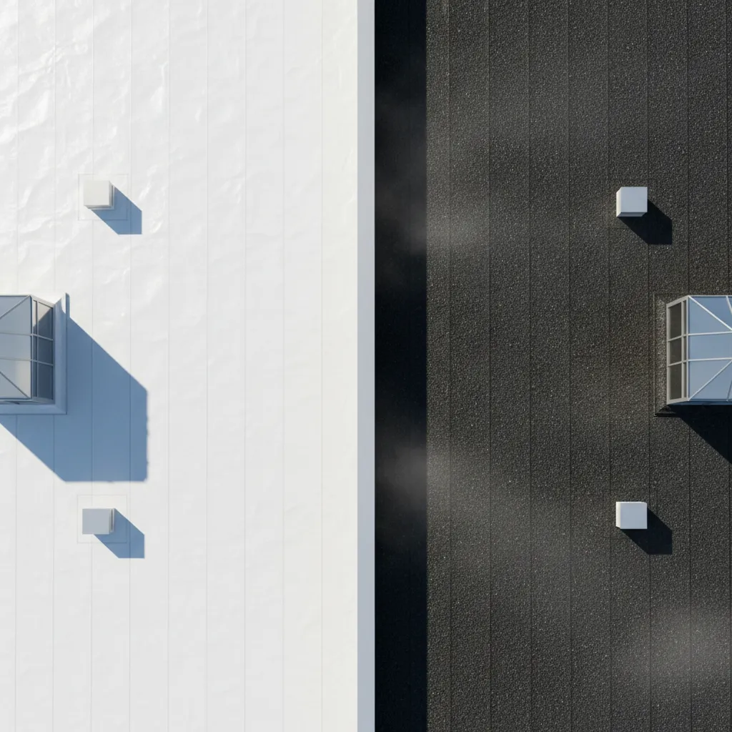side by side comparison of light roof and dark roof showing heat absorption difference
