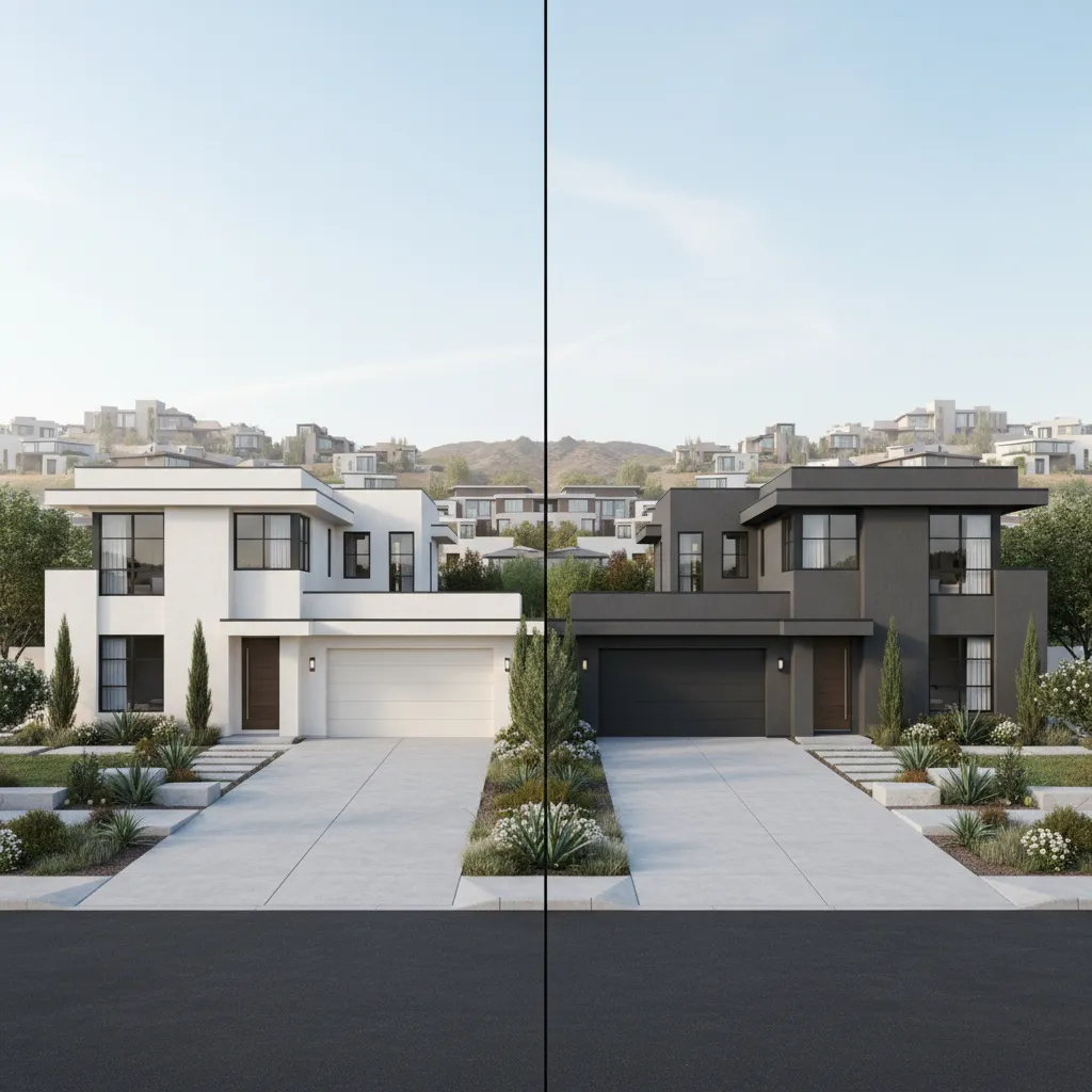 Side by side comparison of a modern house with white exterior versus dark grey exterior
