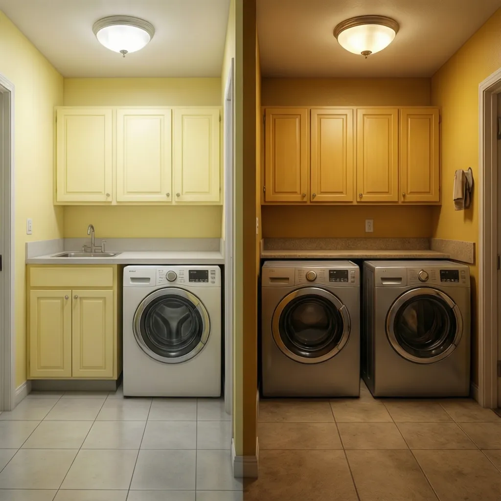 Comparison of light yellow and warm yellow walls in small laundry rooms