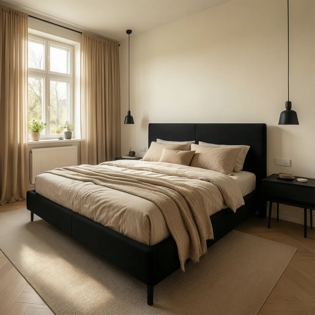 Black bedroom furniture contrasted with warm light wall colors