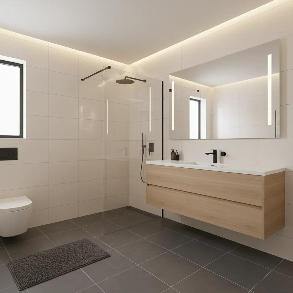 bathroom with light wall tiles and dark anti skid floor tiles