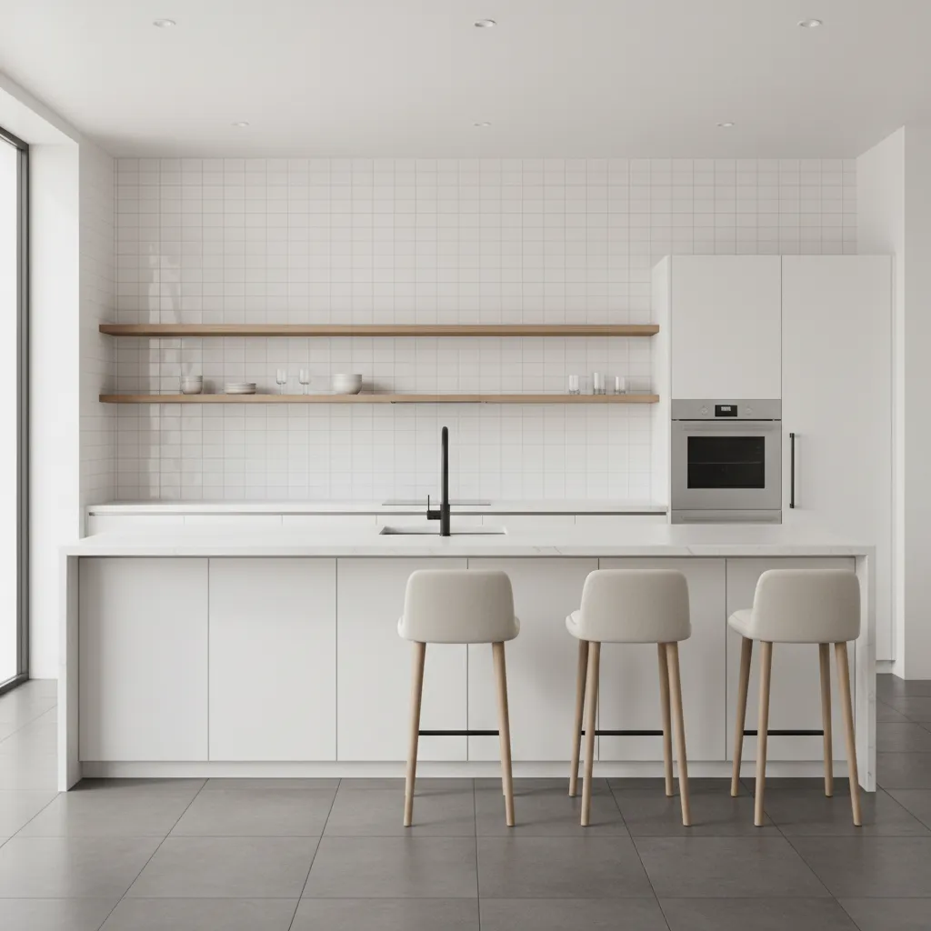 kitchen with white wall tiles and darker gray floor tiles showing balanced color contrast