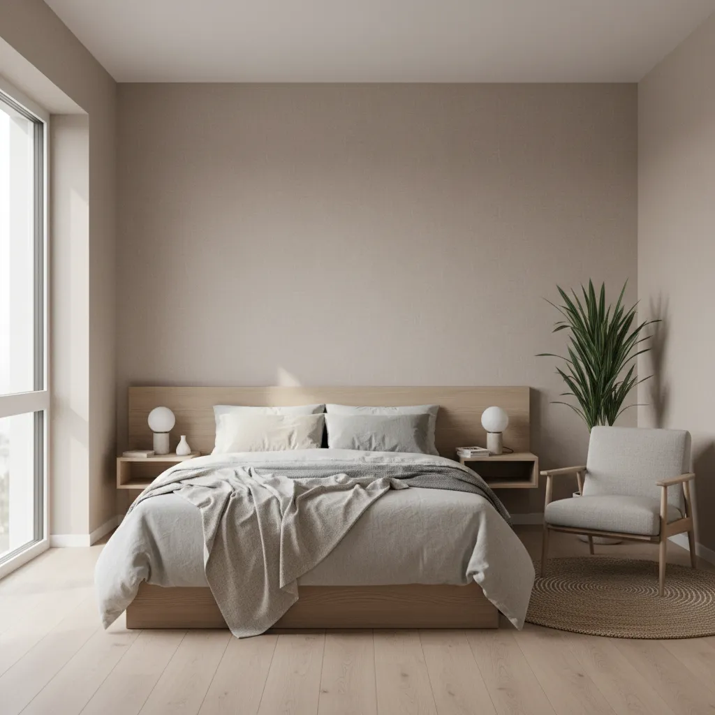 small bedroom with soft neutral textured wallpaper reflecting natural light