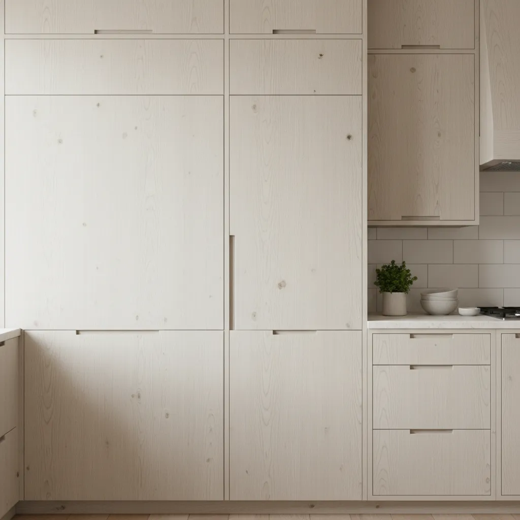 Close view of light white oak kitchen cabinets with matte finish