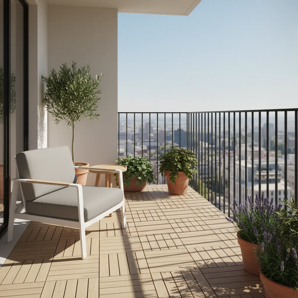 Small balcony with light wood decking tiles and simple furniture