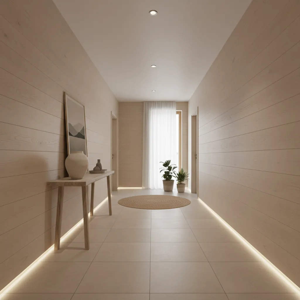 bright hallway using light oak wood walls and neutral floor
