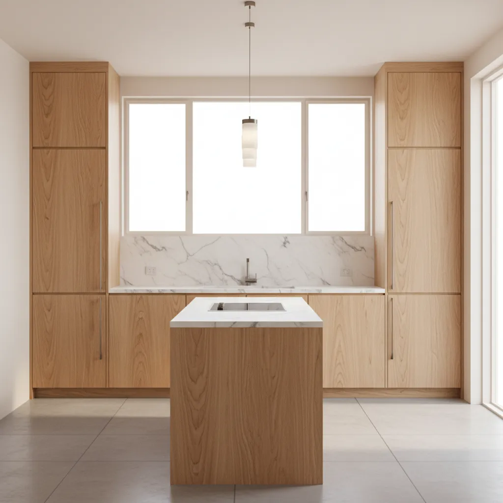 kitchen with light wood cabinets and warm white wall color