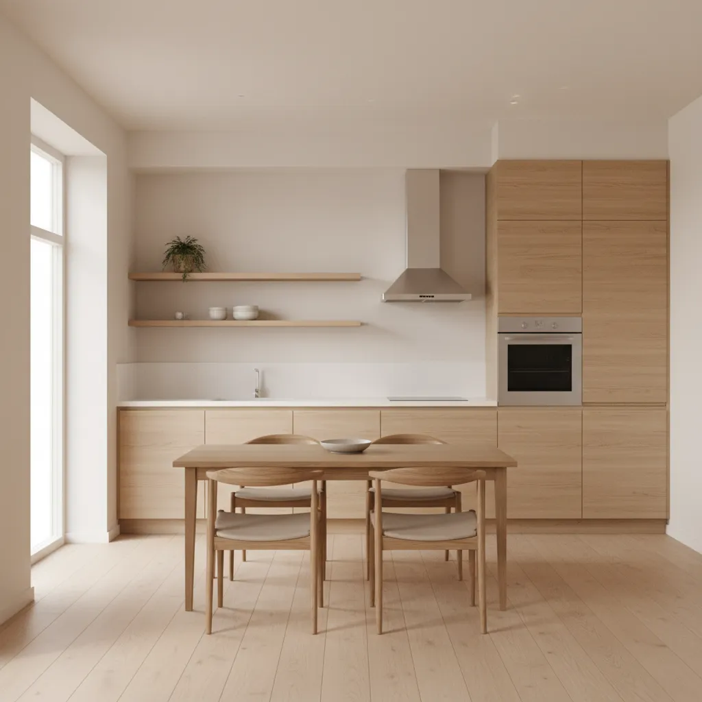 Light wood kitchen cabinets paired with warm white wall paint