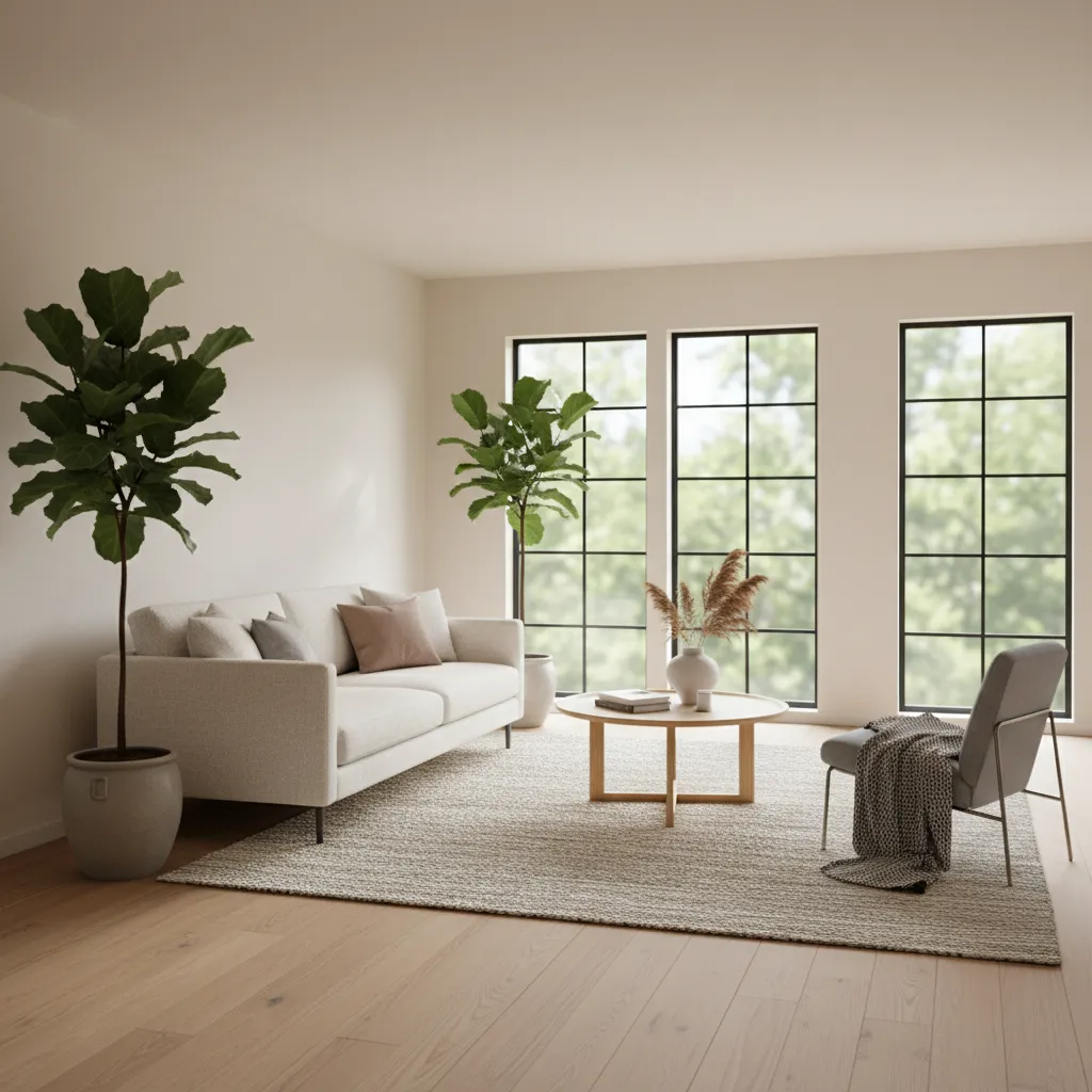 Salón contemporáneo con suelo de madera clara