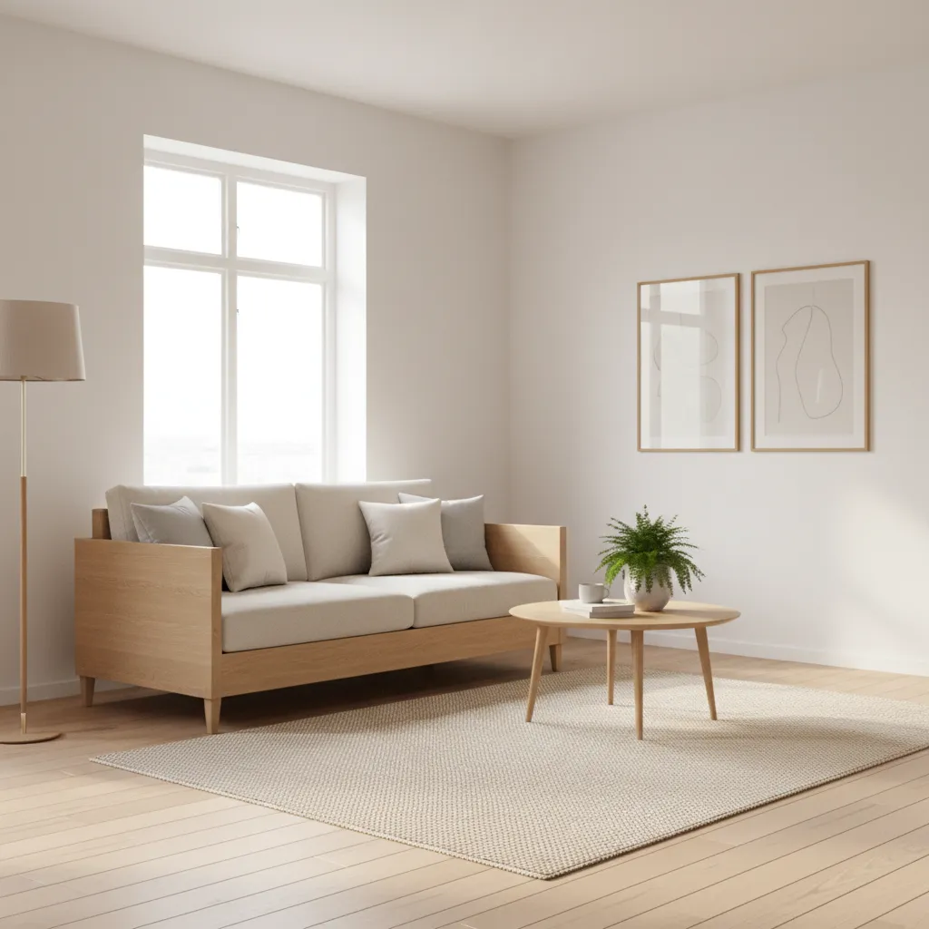 Light oak wooden sofa with neutral cushions making small living room look larger