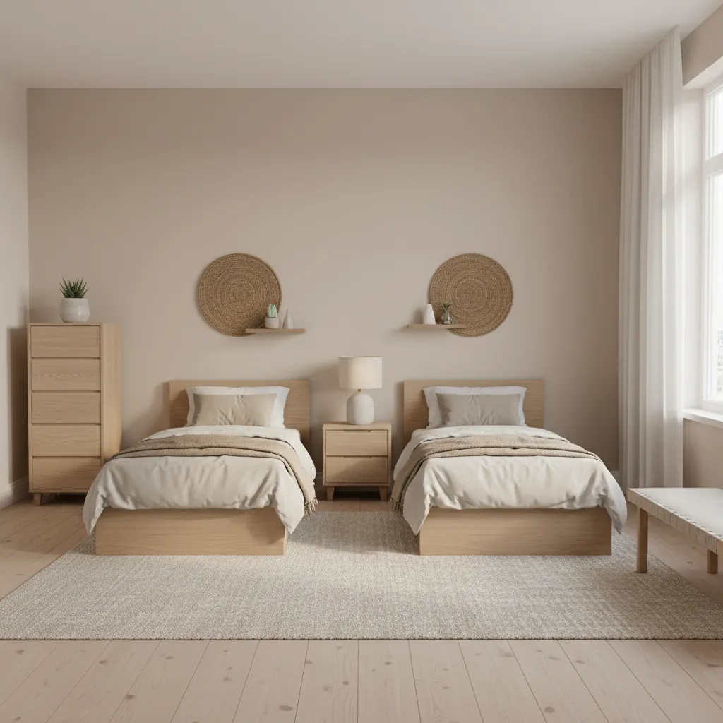 Twin bedroom with light oak furniture and neutral bedding