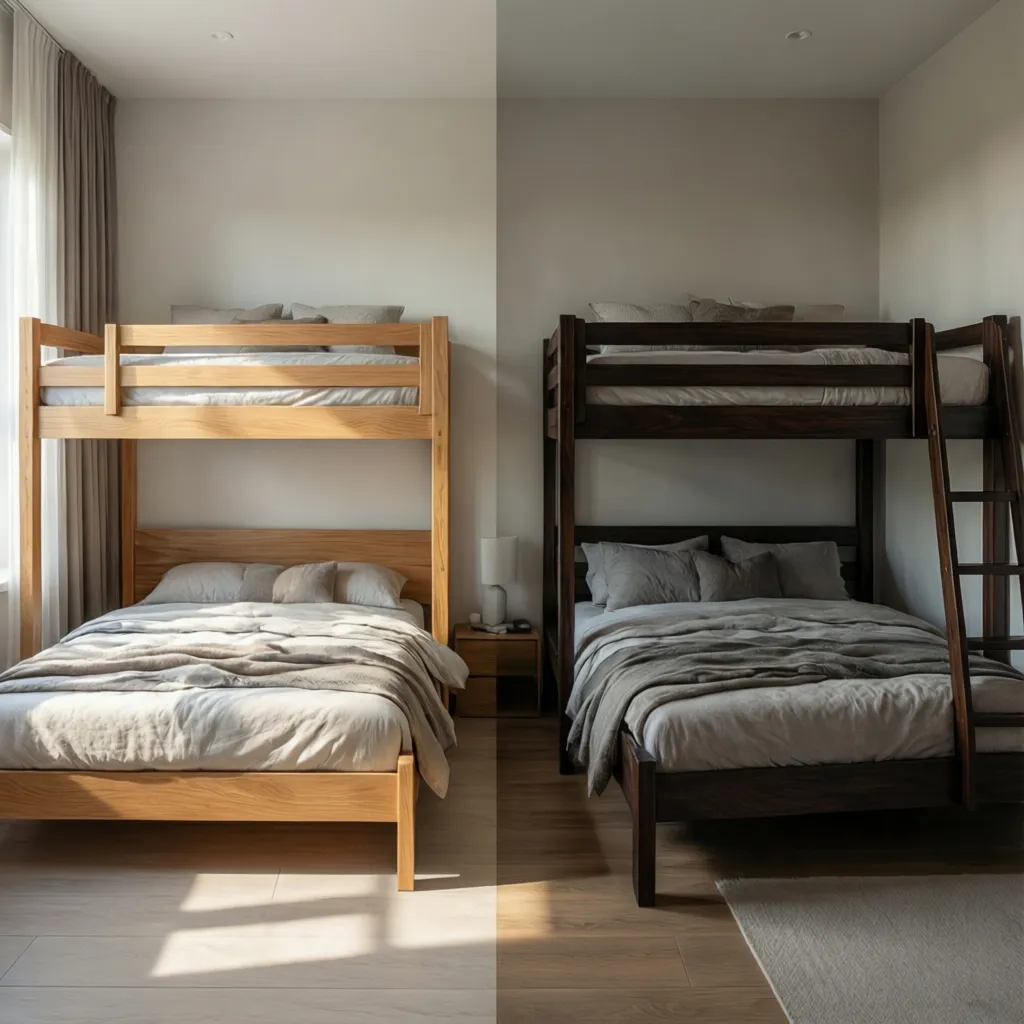 Comparison of twin bedroom with light wood and dark wood furniture