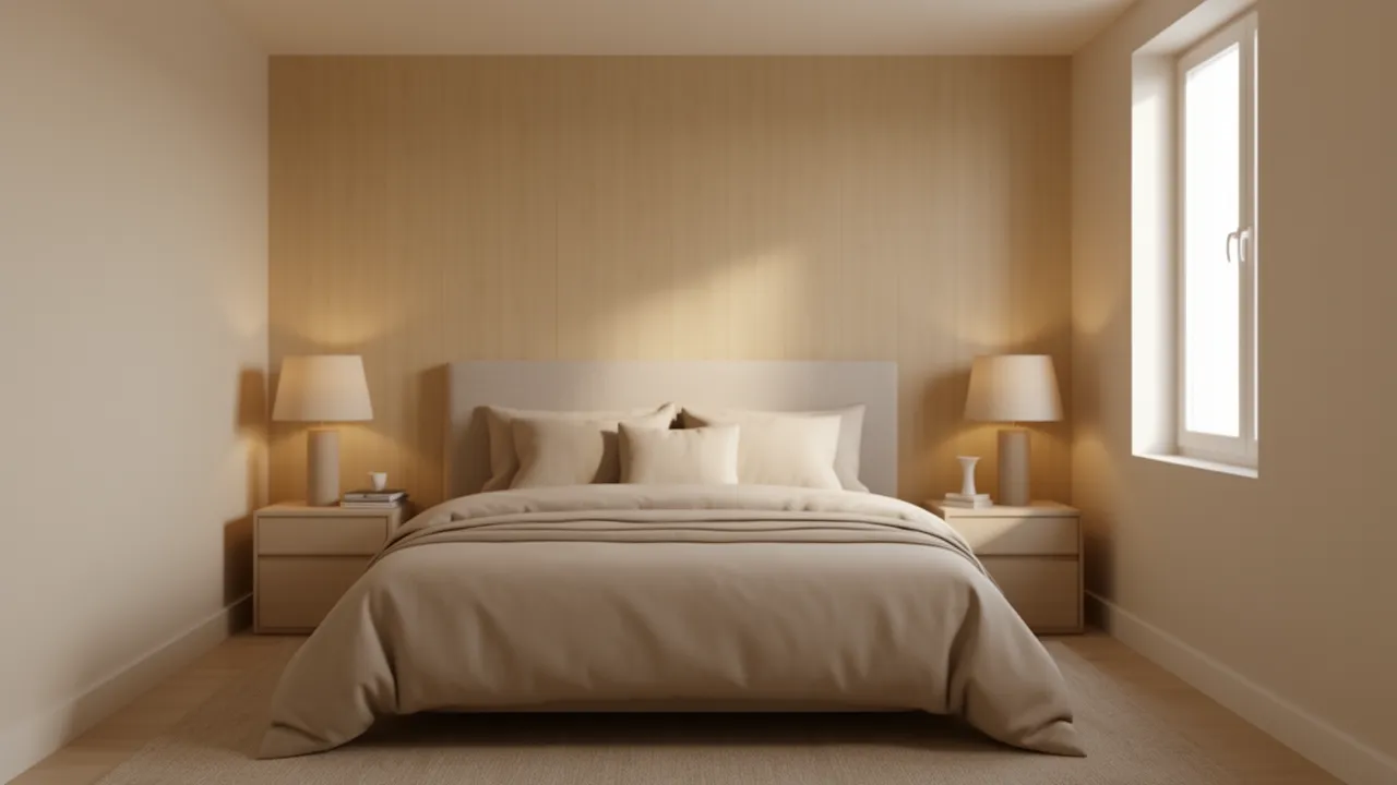 light oak WPC wall panel accent behind bed in small bedroom