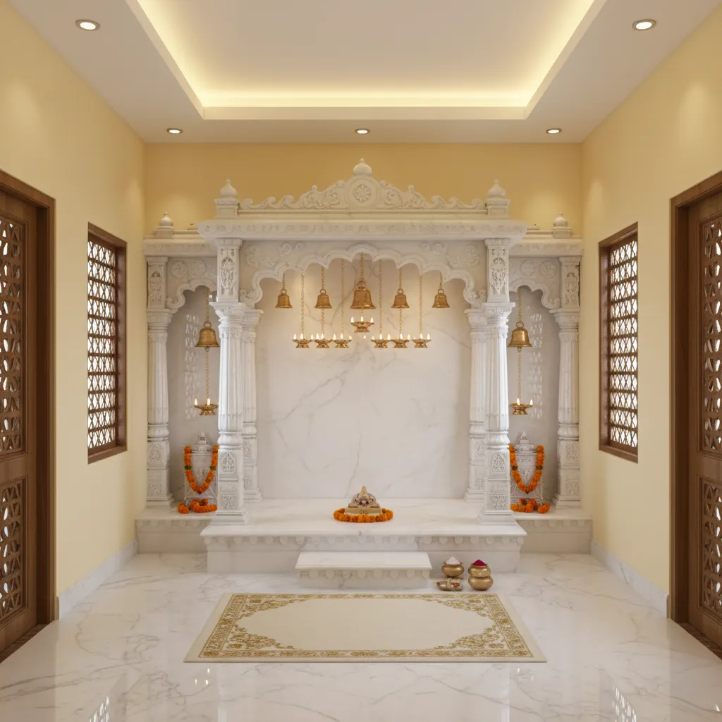 Light yellow pooja room wall with marble temple and warm lighting
