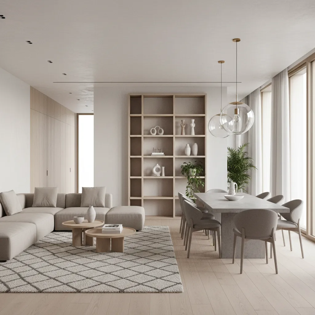 Open living room with rug defining seating area and pendant lights marking dining space