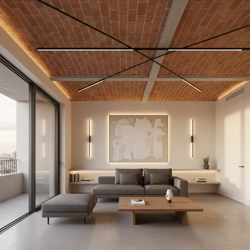Modern living room with grey sofa wooden coffee table brick ceiling and black ceiling lights