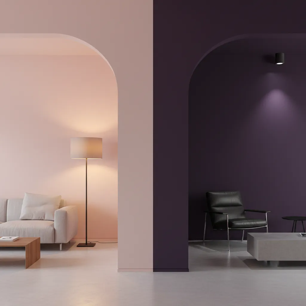 Interior lighting comparison showing how pink walls reflect light and purple walls absorb light