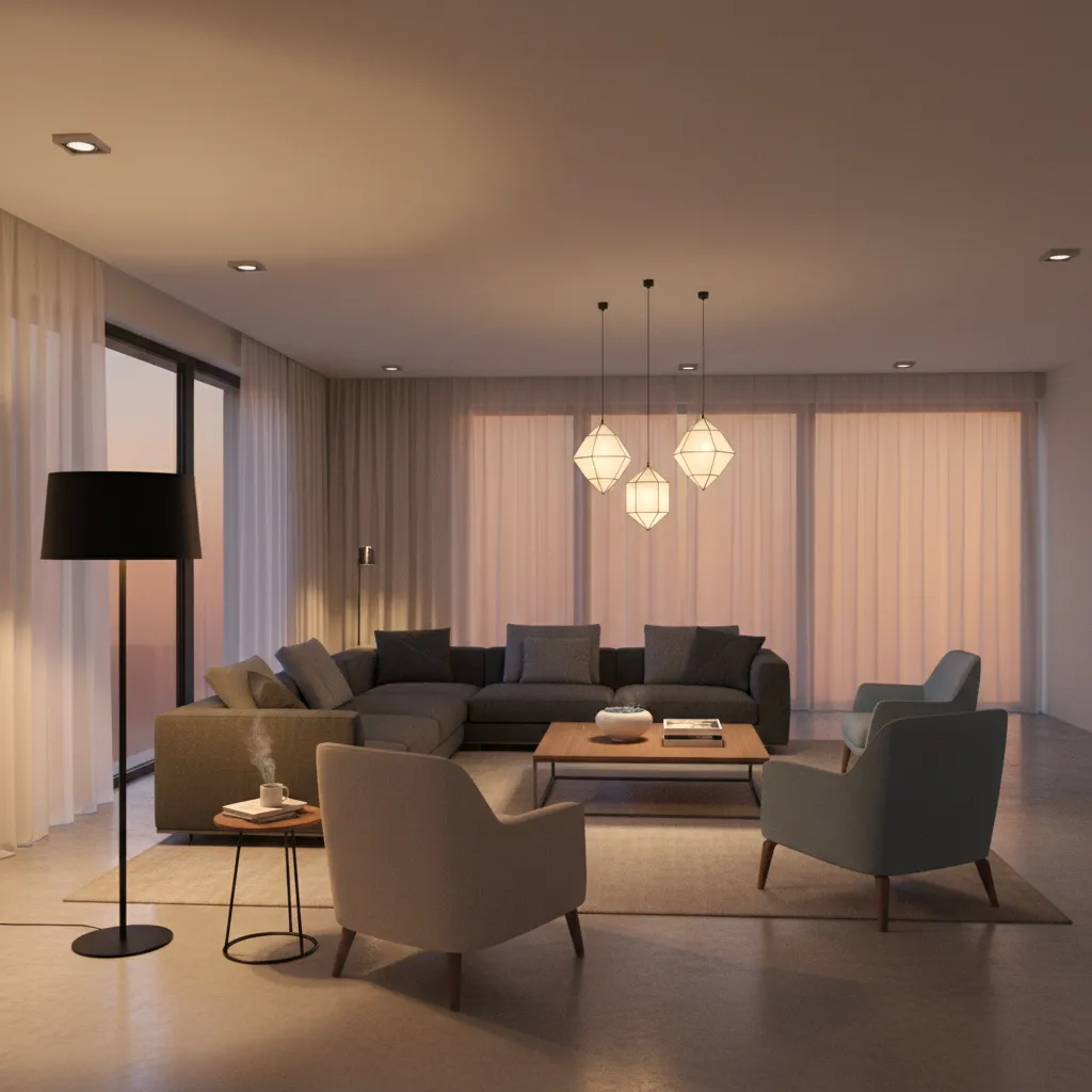 Layered lighting separating reading and seating areas in an open living room