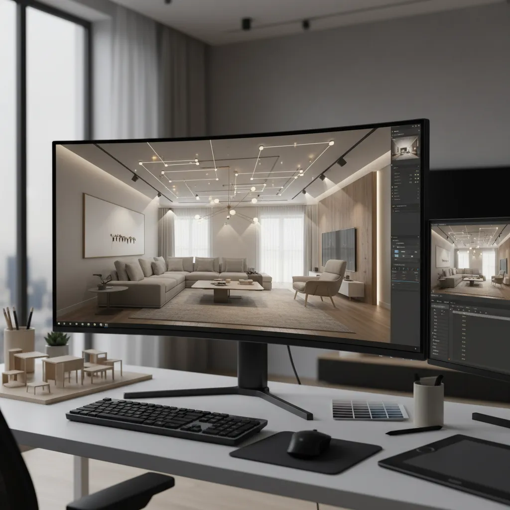 Modelo 3D mostrando planificación de luminarias en un salón