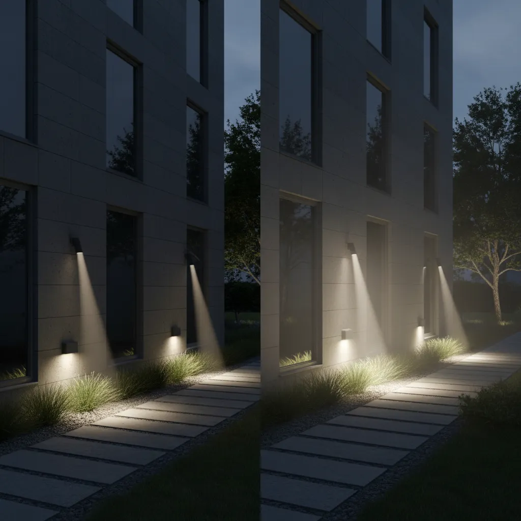 Lighting layout comparison showing directed shielded lighting versus uncontrolled light spread