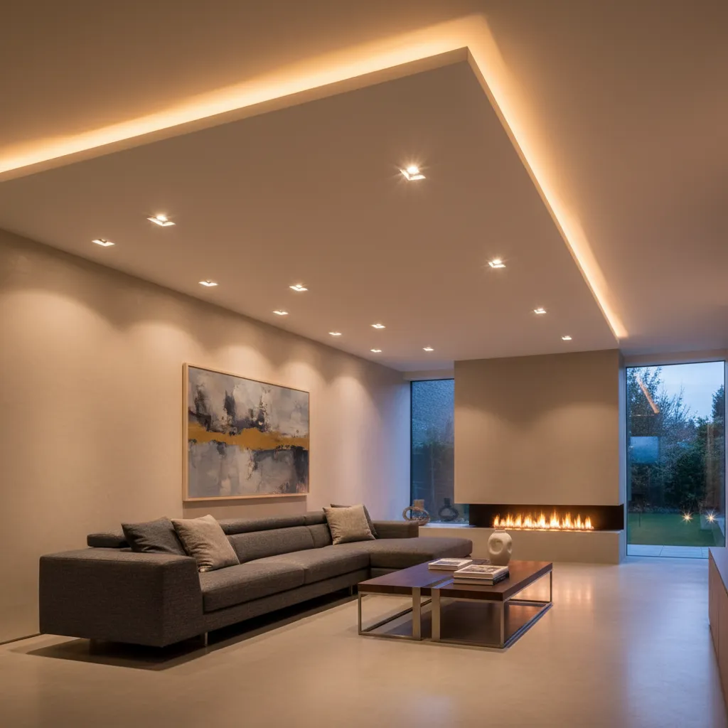 Diseño de iluminación interior con luces empotradas y ambiente cálido