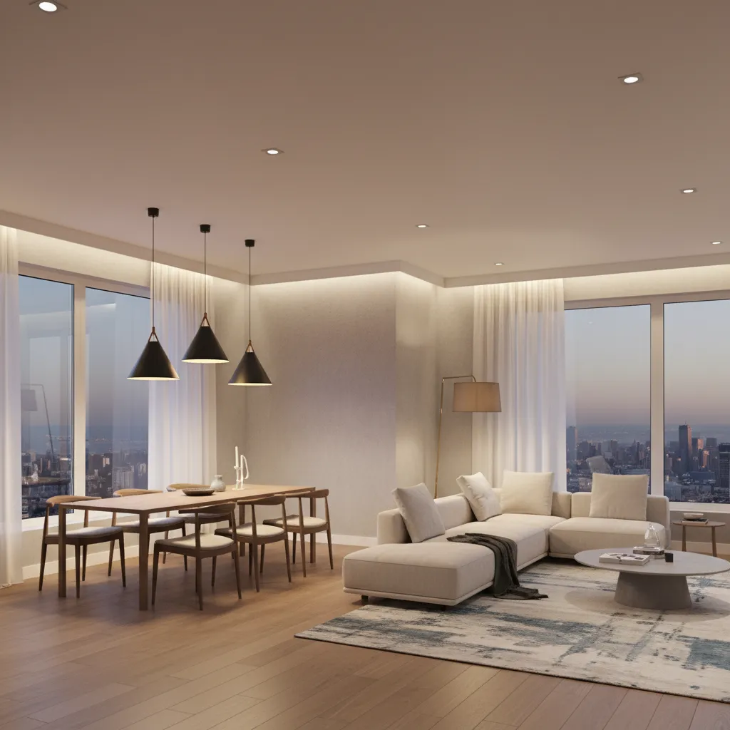 Layered lighting design in an L shaped open plan living and dining room