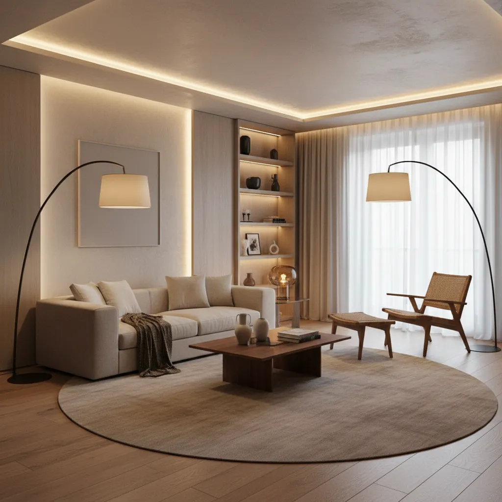 Salón moderno con iluminación indirecta y ambiente cálido