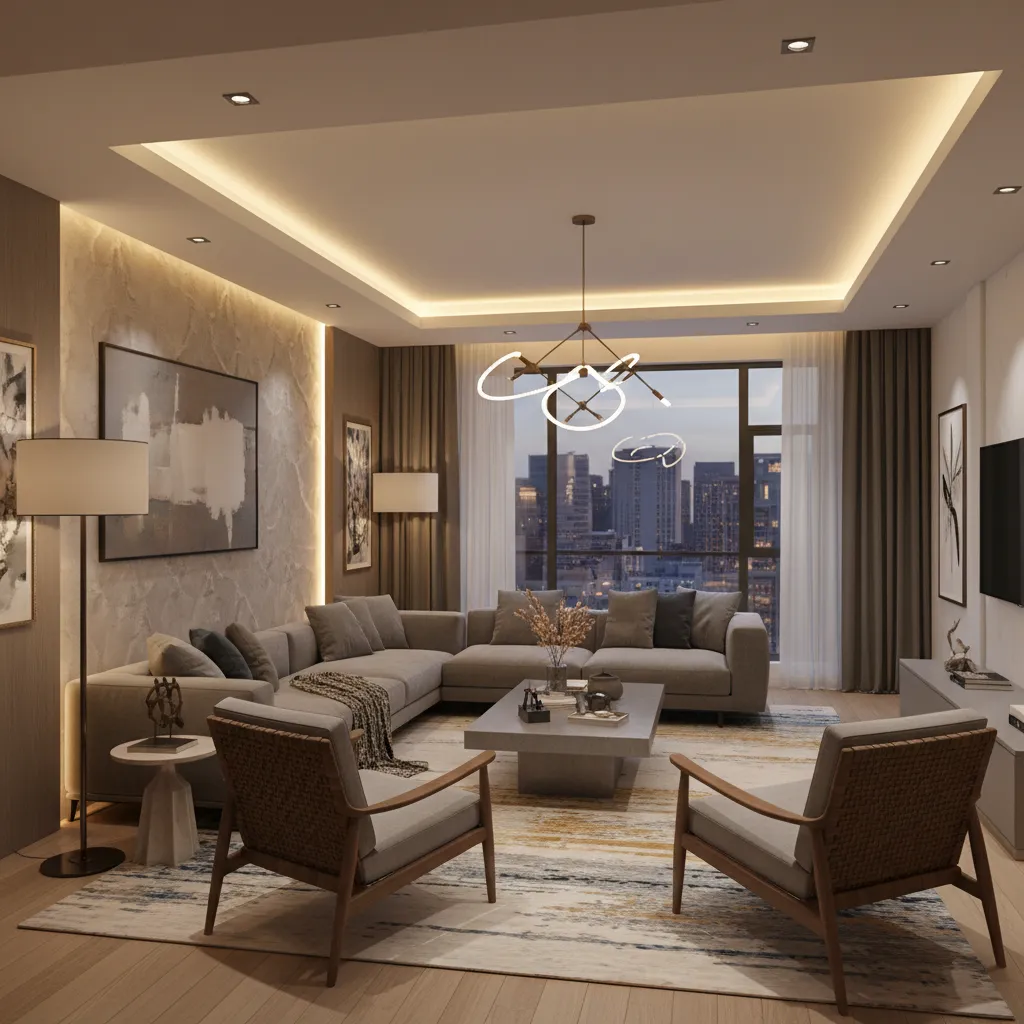 Salón moderno con varias capas de iluminación cálida