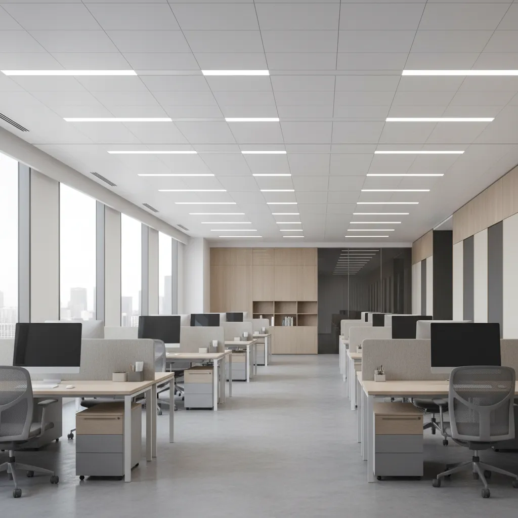Office interior showing evenly distributed LED ceiling lights illustrating lighting power density concept