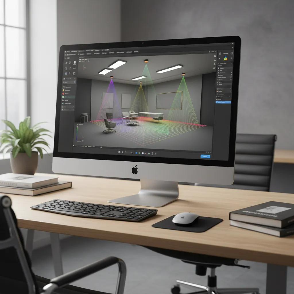 Lighting simulation software interface showing room model and light distribution