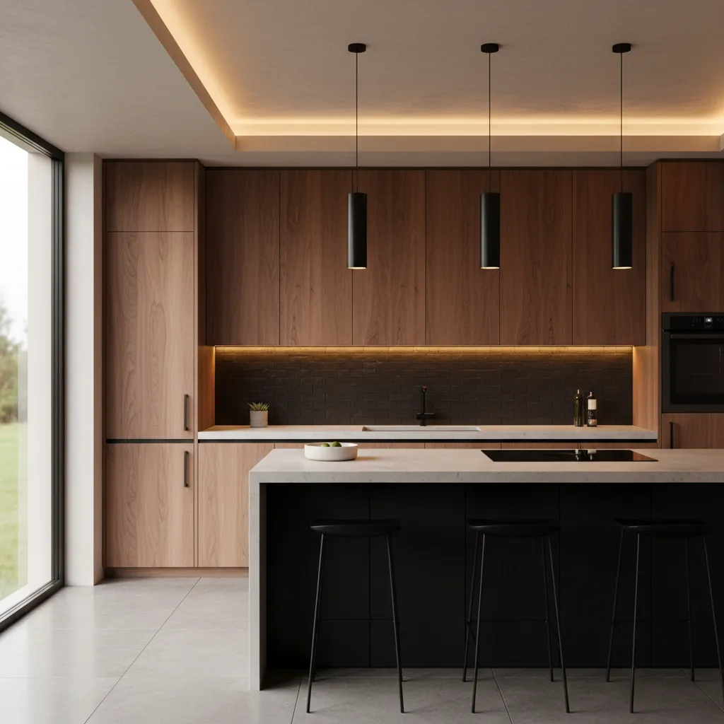 Kitchen lighting highlighting black backsplash and wood cabinets