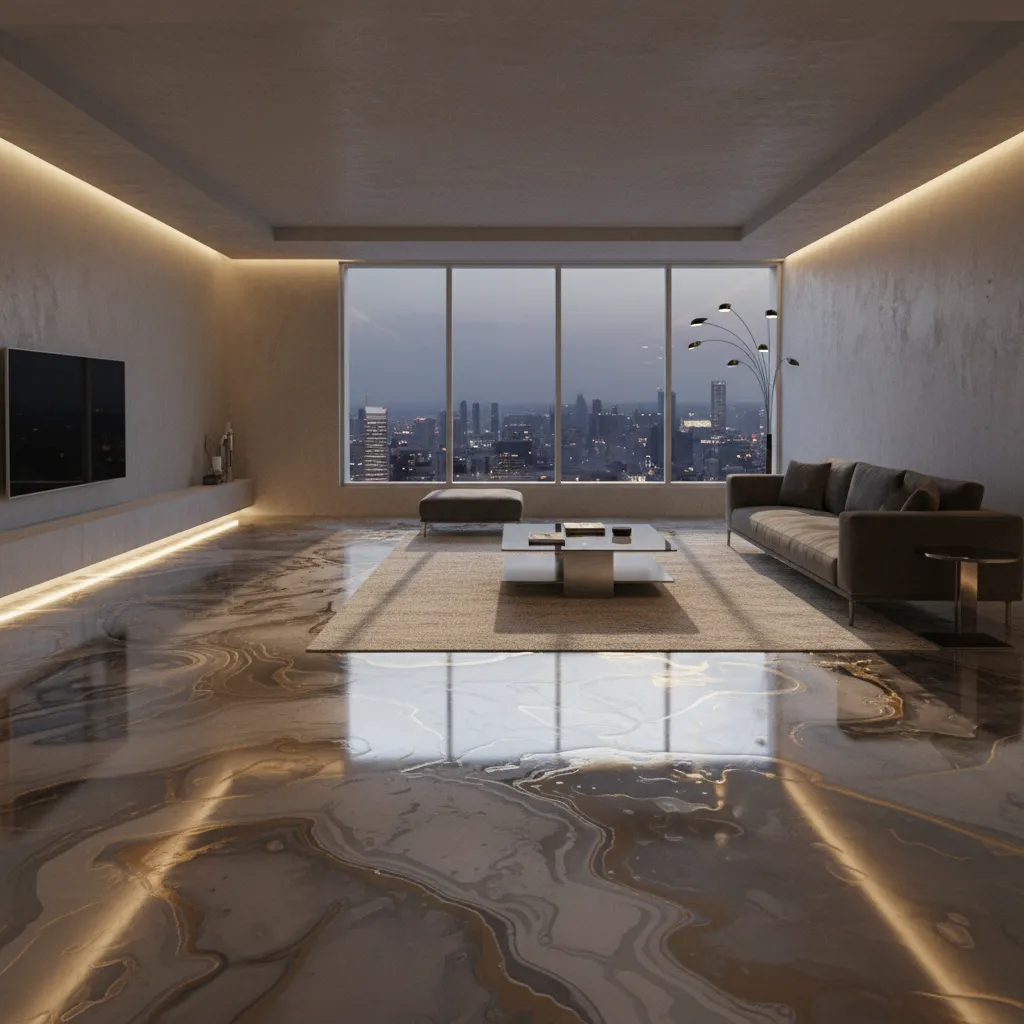 lighting highlighting depth effect on metallic 3D epoxy flooring