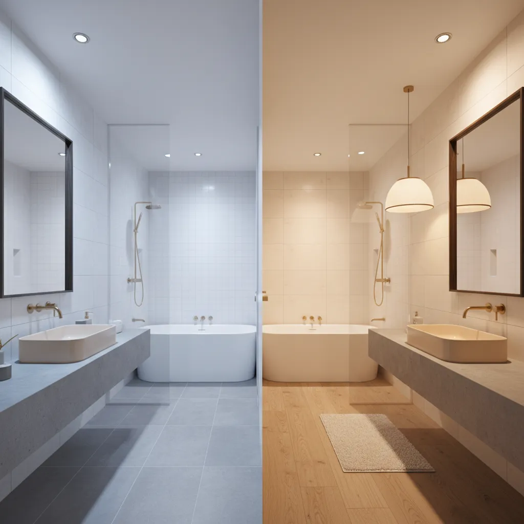 comparison lighting effect on almond bathroom fixtures warm vs cool lighting