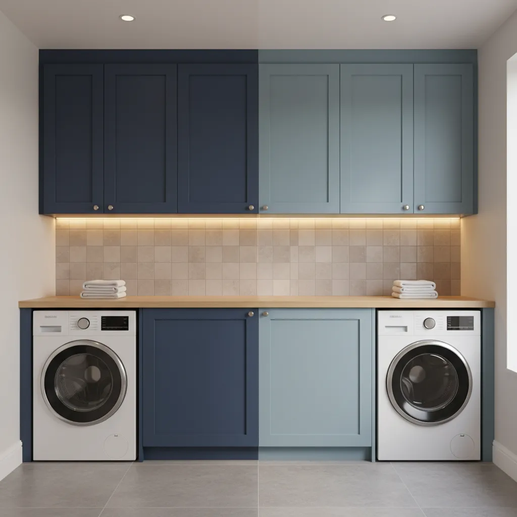 Example showing how warm and cool lighting change the appearance of blue cabinets