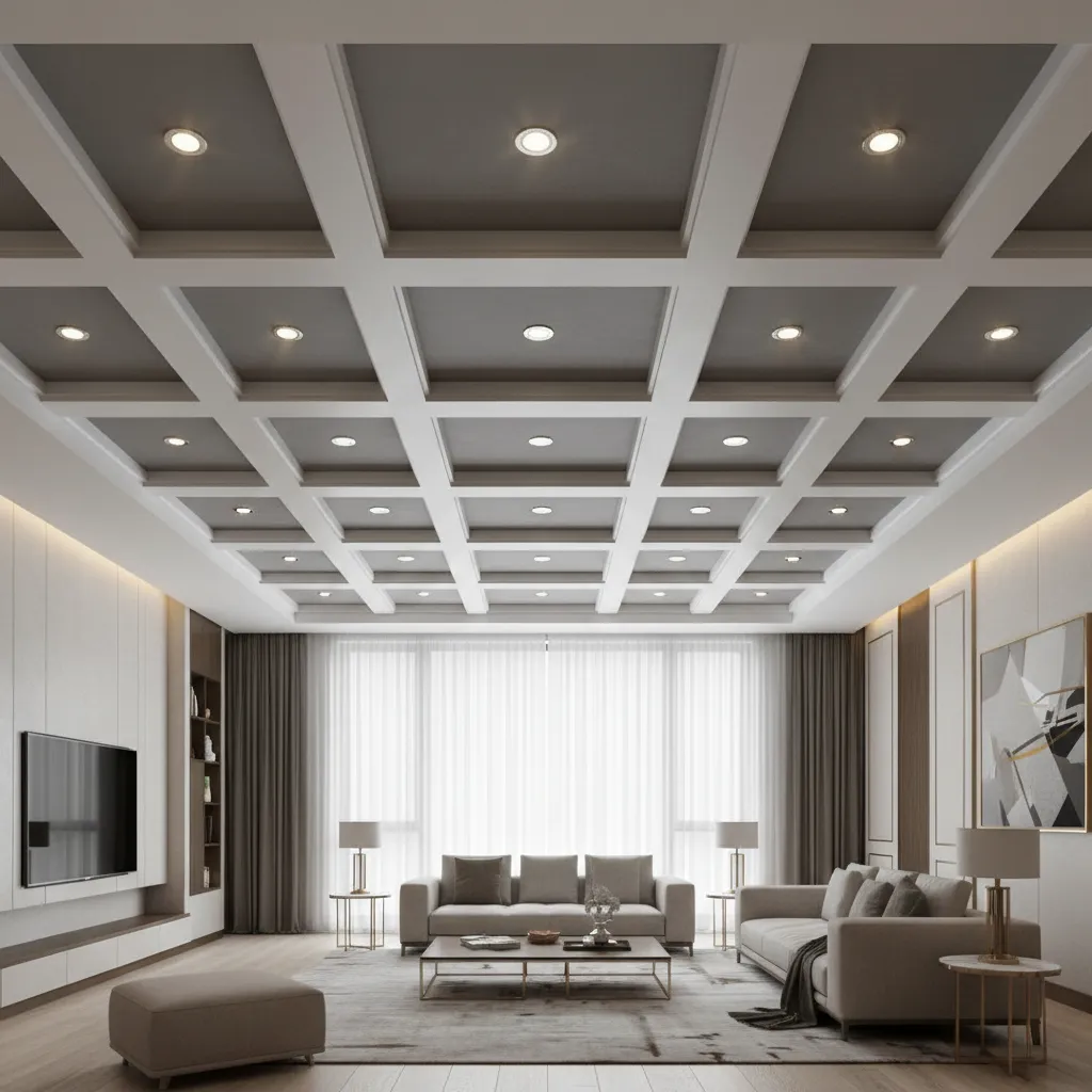 Recessed lighting casting shadows across coffered ceiling panels and beams